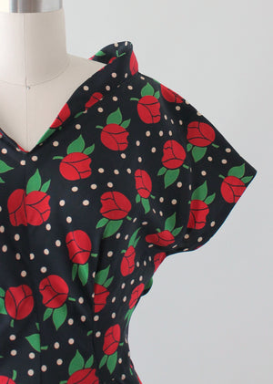 Vintage 1940s Red Roses Print Black Silk Dress