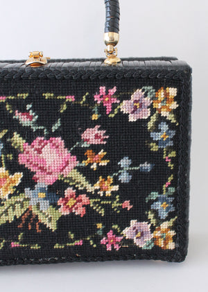 Vintage 1960s Black Wicker Box Purse with Floral Needlework