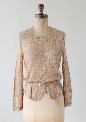 Vintage 1930s Nude Lace Blouse with Glass Buttons