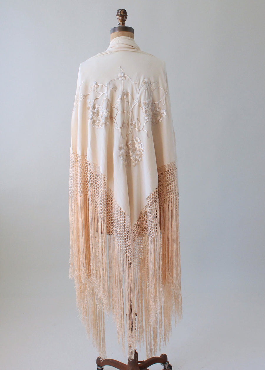 Vintage 1920s Embroidered Ivory Silk Shawl with Fringe