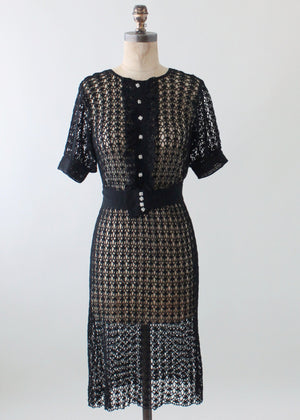Vintage 1930s Black Knit Ruffle Front Dress