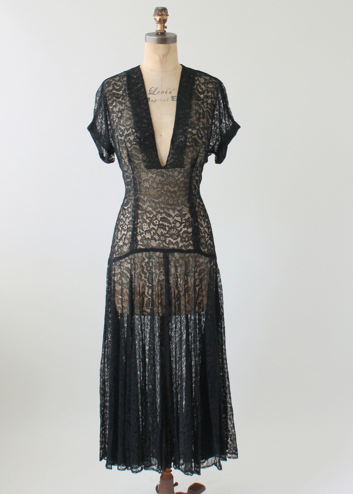 Vintage 1940s Plunging Neckline Black Lace Dress