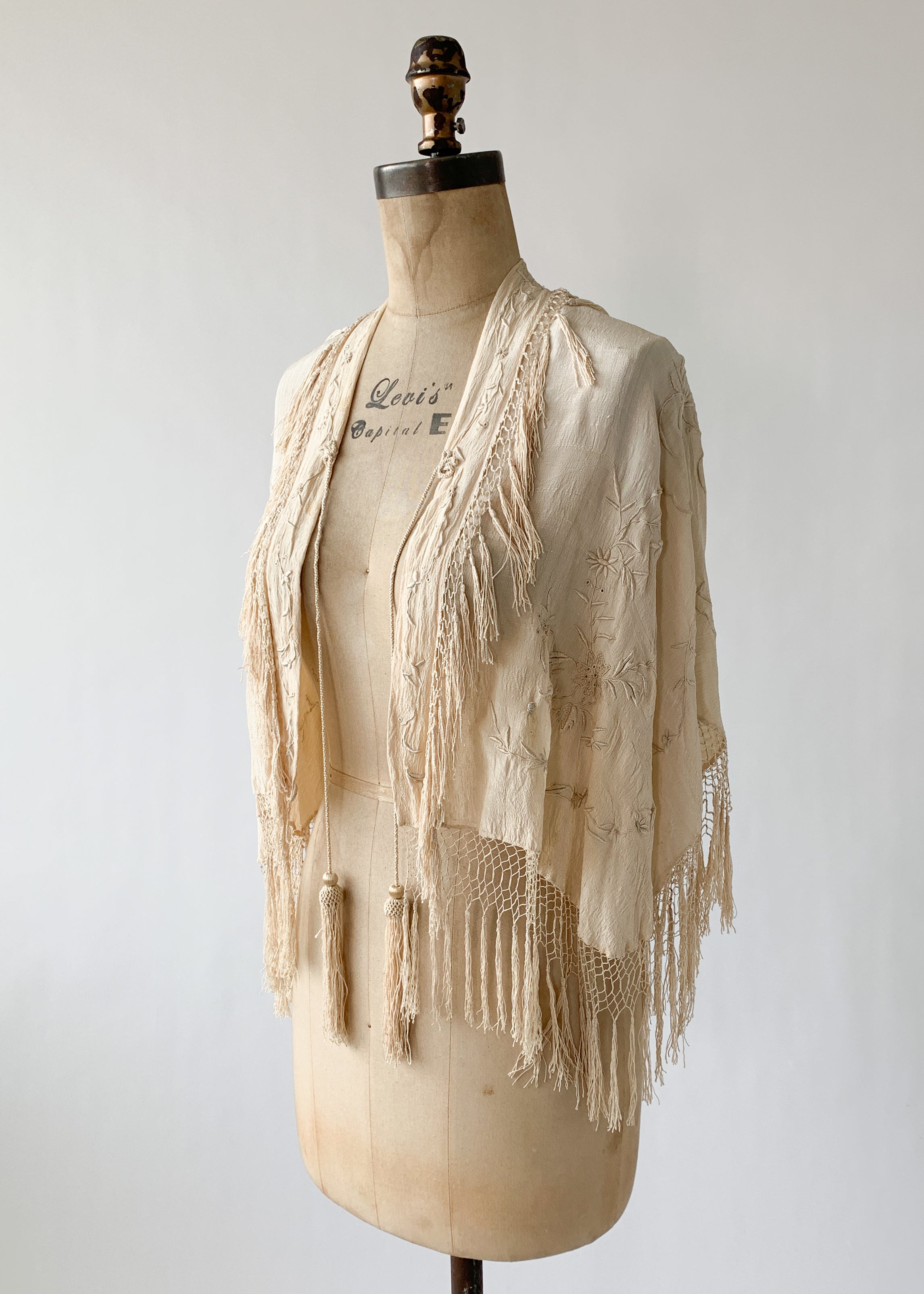Vintage 1920s Embroidered Silk Caplet with Fringe