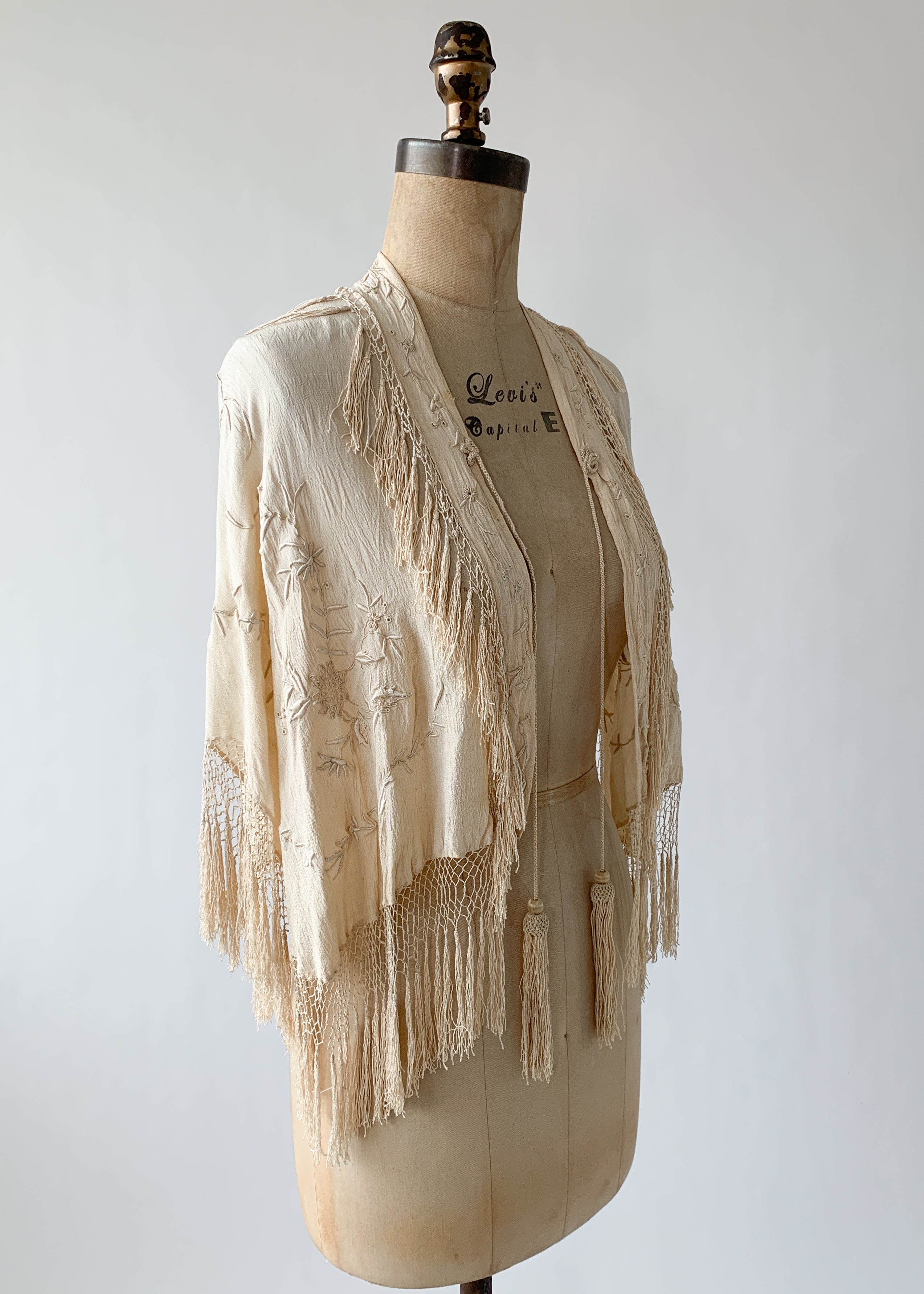 Vintage 1920s Embroidered Silk Caplet with Fringe