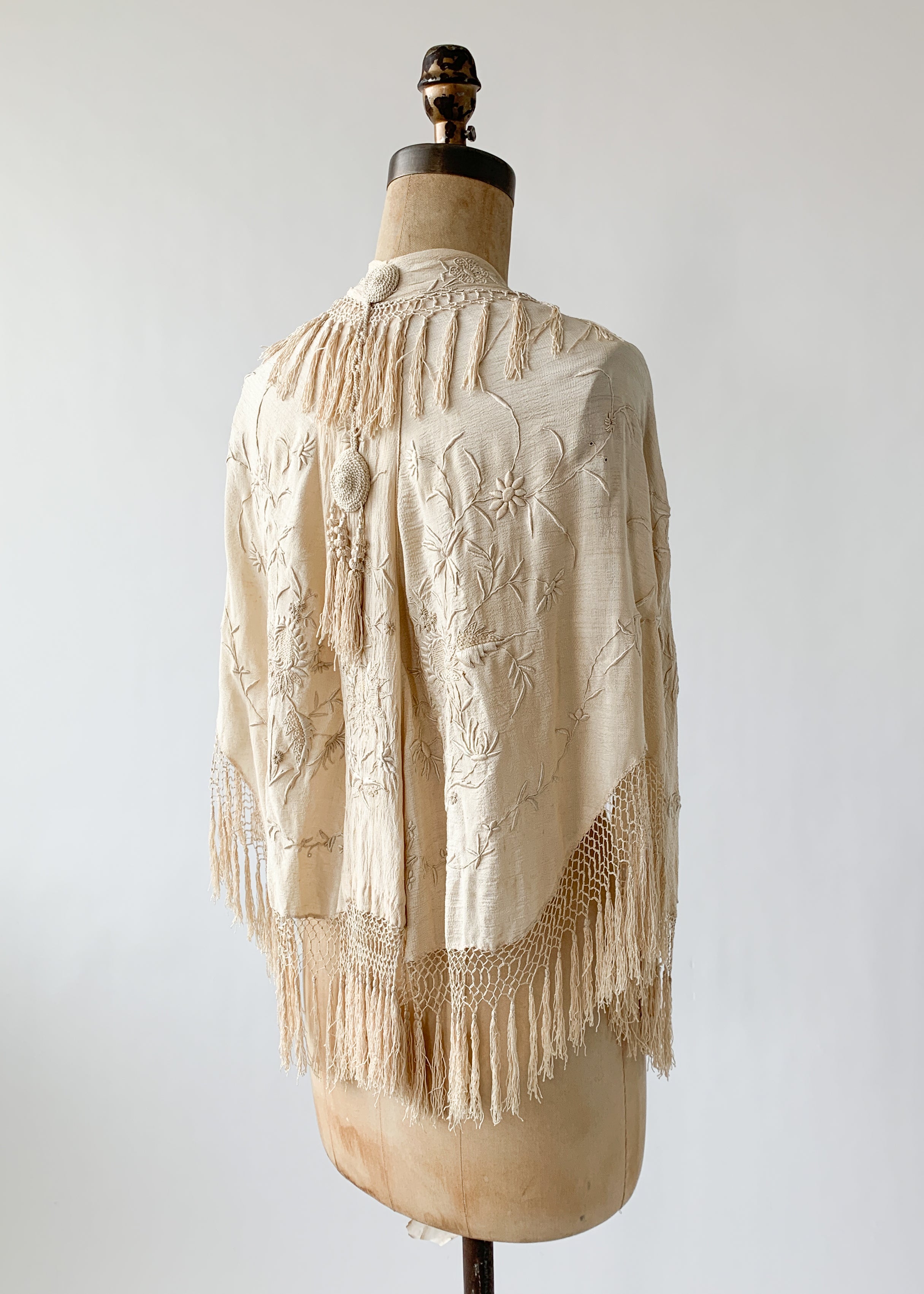Vintage 1920s Embroidered Silk Caplet with Fringe