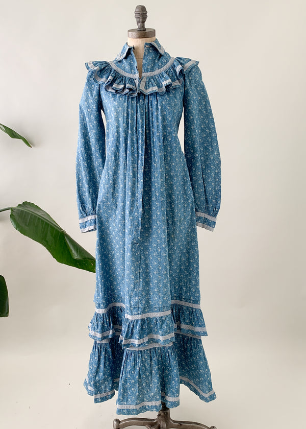 ワンピース 1910s Indigo Calico Dress Antique Victorian Calico Indigo Ruffle Dress - Raleigh Vintage