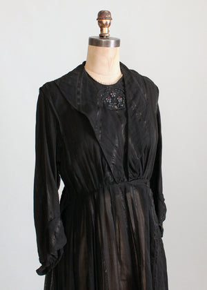 Antique 1910s Beaded Black Striped Cotton Day Dress