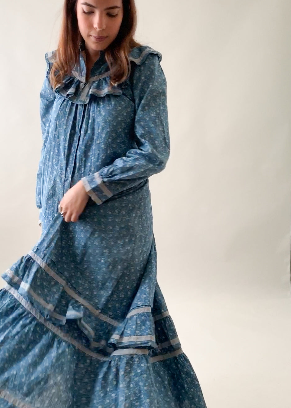 Antique Victorian Calico Indigo Ruffle Dress