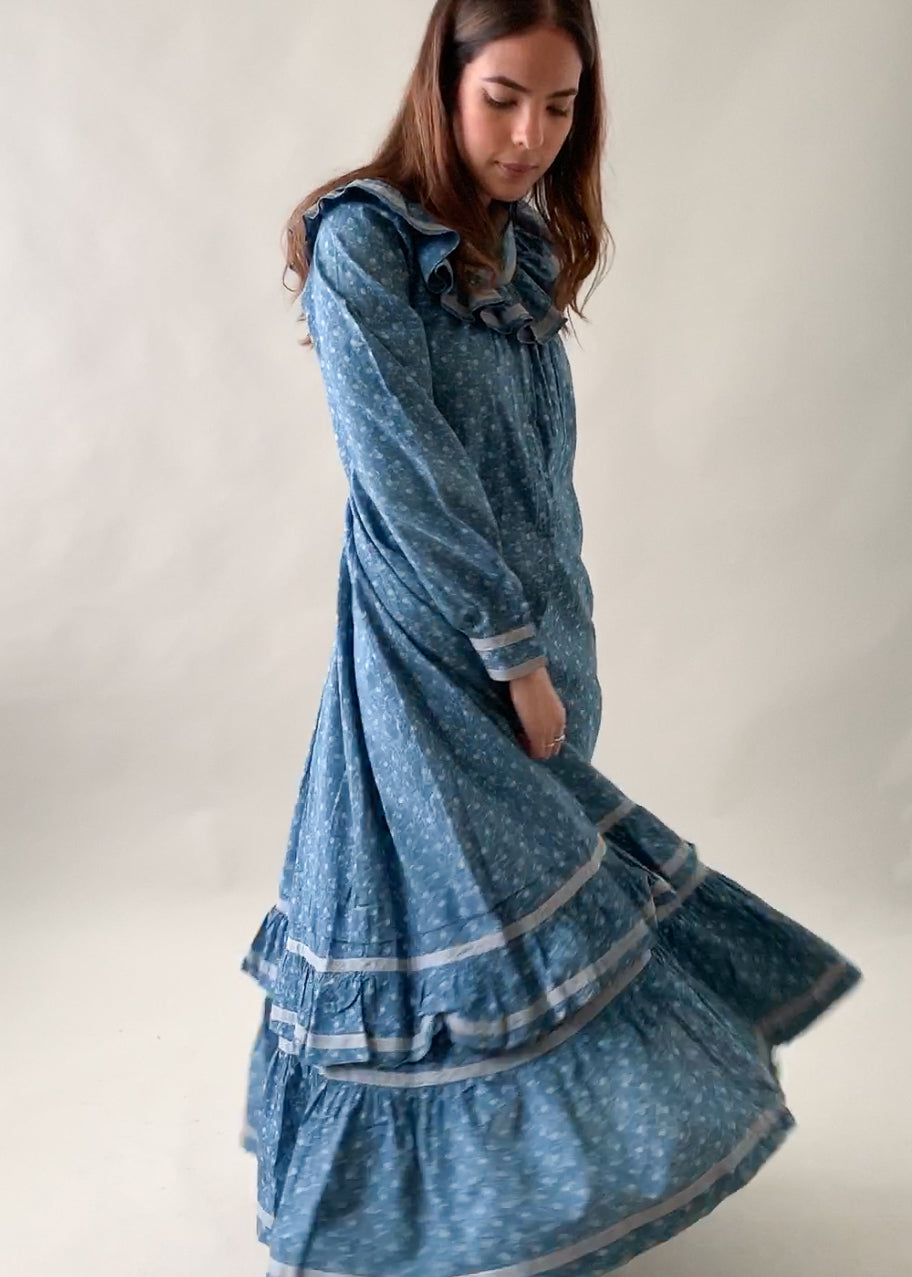 Antique Victorian Calico Indigo Ruffle Dress