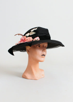 Vintage Early 1920s Black Wide Brim Cloche Hat with Pink Flowers