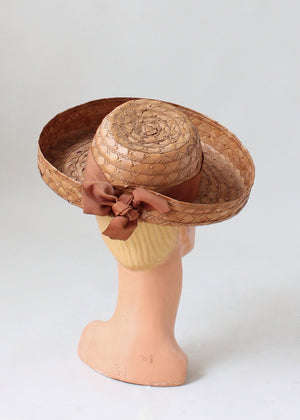 Vintage Early 1940s Deep Brim Straw Hat