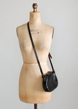 Vintage Edwardian Black Leather Shoulder Bag Purse