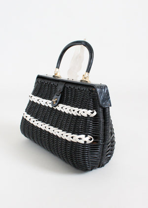 Vintage 1960s Black and White Wicker Purse