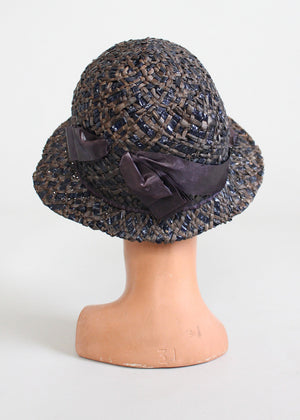 Vintage 1920s Navy and Grey Straw Cloche Hat