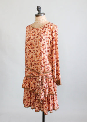 Vintage 1920s Falling Leaves Silk Flapper Dress