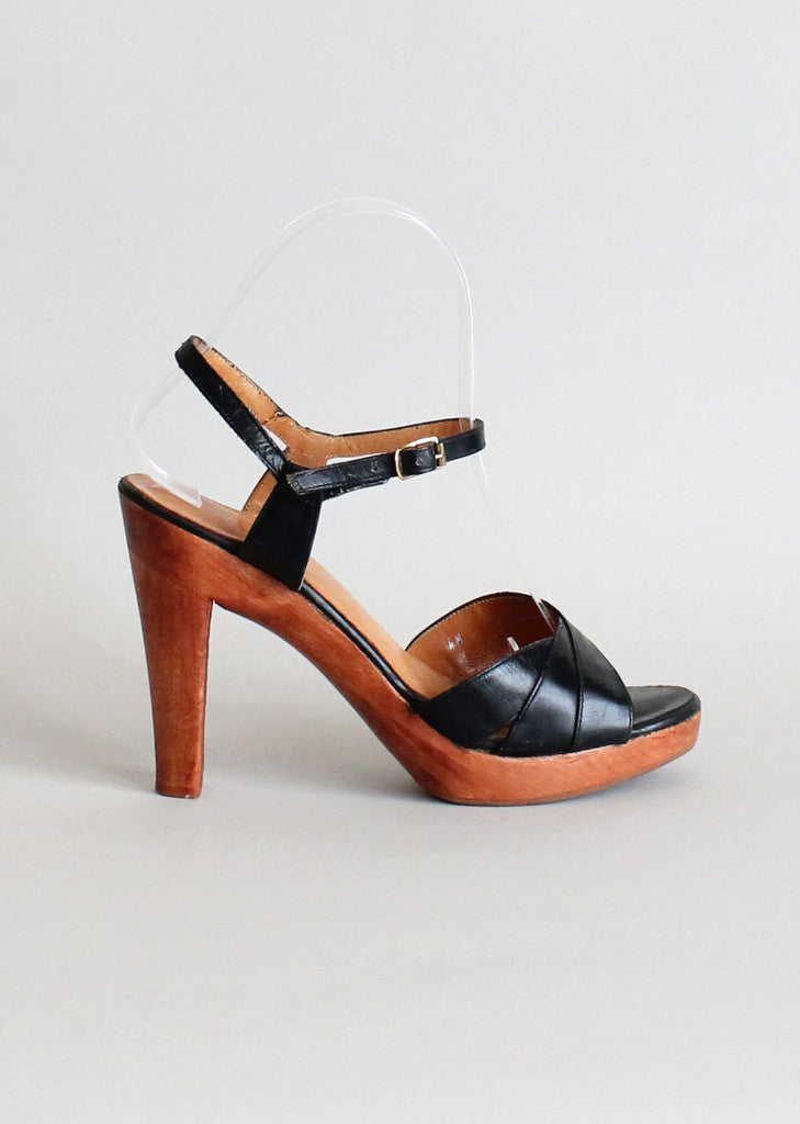 Vintage 1970s Baretraps Wood Platform Sandals Size 6