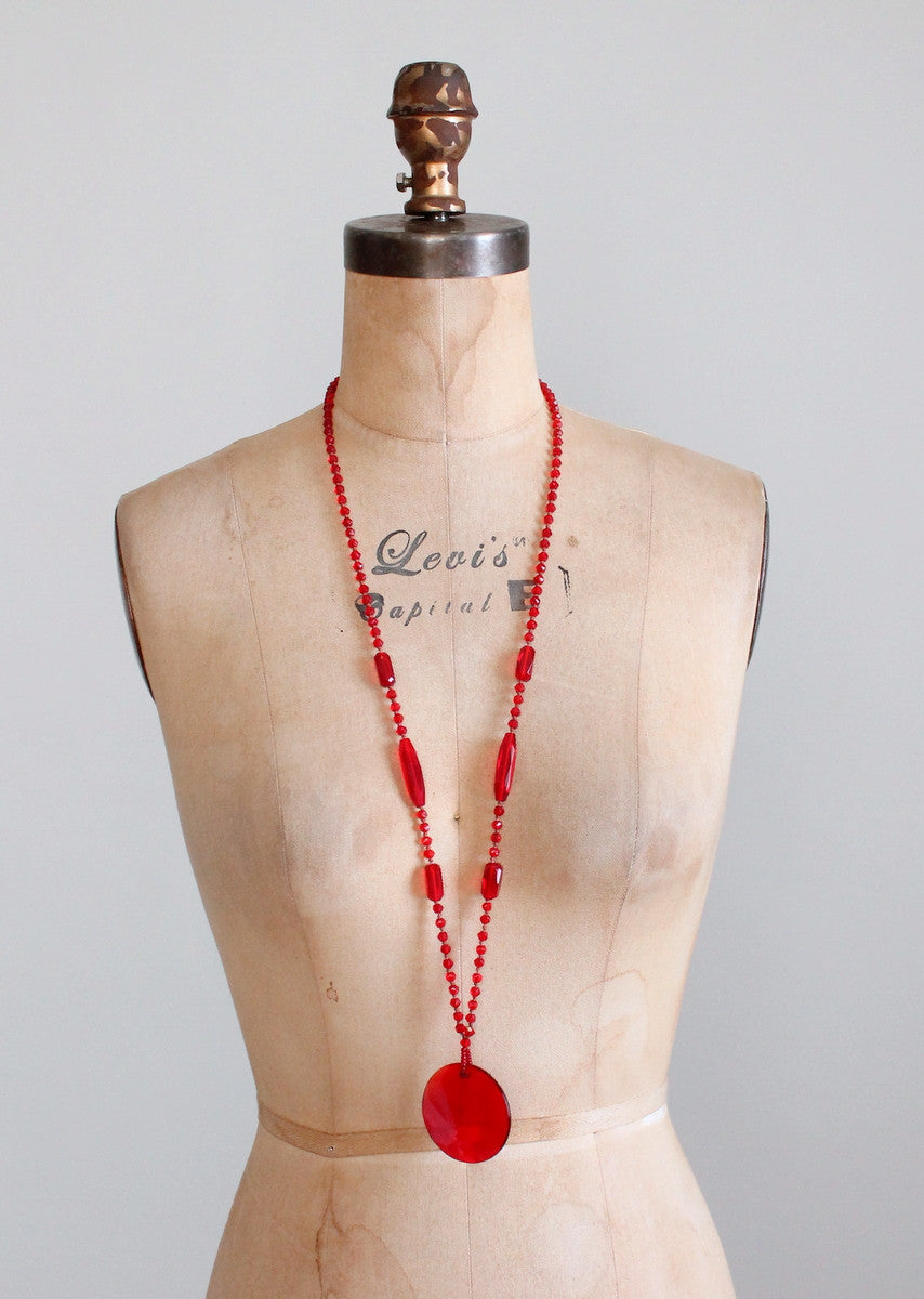 Vintage 1920s Ruby Red Glass Long Sautoir Flapper Necklace
