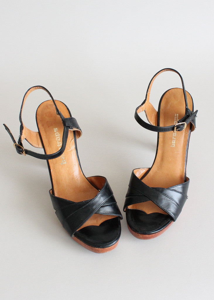 Vintage 1970s Baretraps Wood Platform Sandals Size 6
