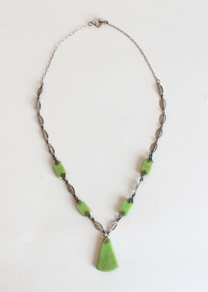 Vintage 1920s Green Czech Glass Flapper Necklace