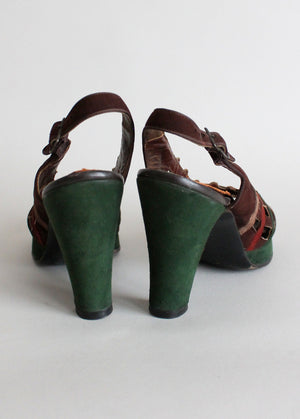 Vintage 1940s Fall Colors Suede Platform Sandals Size 7.5