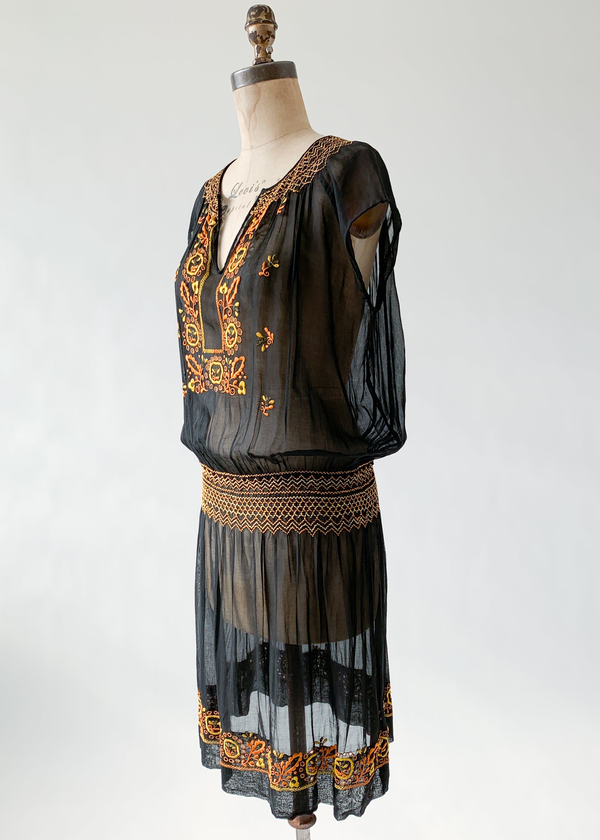 Vintage 1920s Embroidered Black Cotton Dress