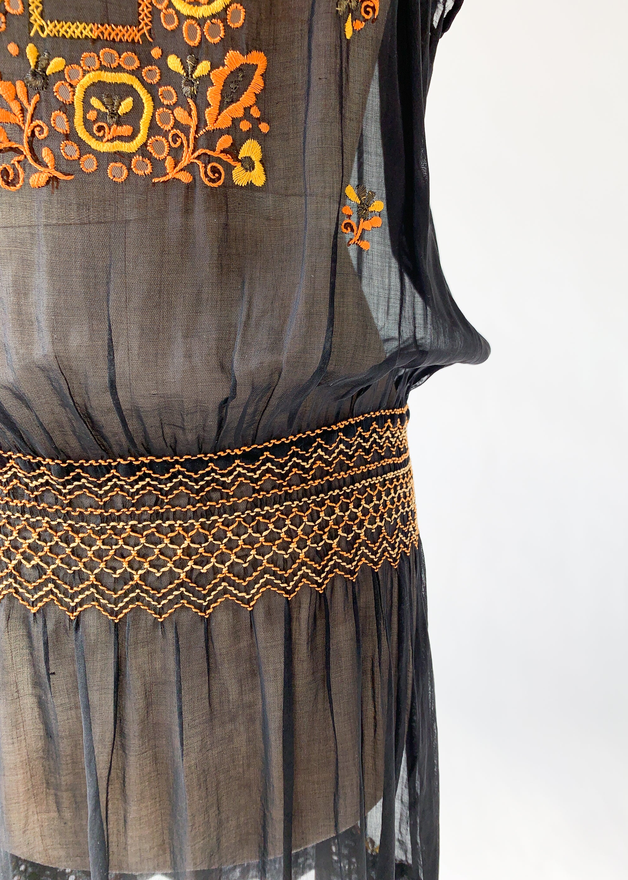 Vintage 1920s Embroidered Black Cotton Dress