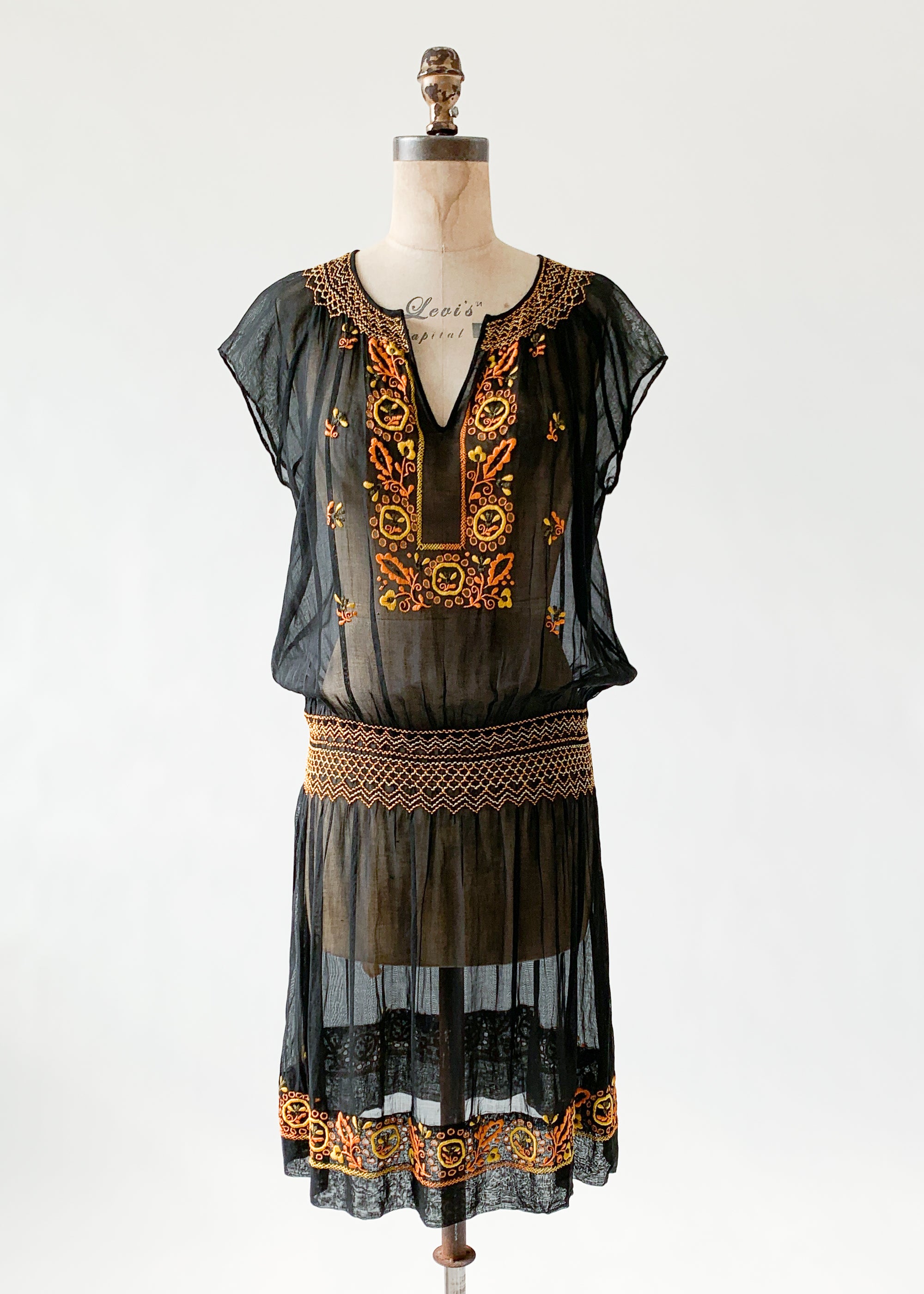 Vintage 1920s Embroidered Black Cotton Dress