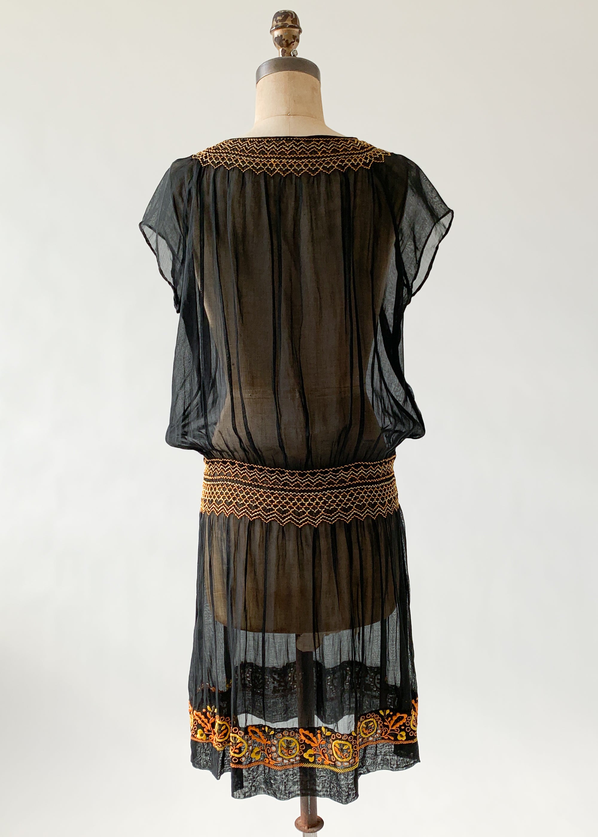 Vintage 1920s Embroidered Black Cotton Dress