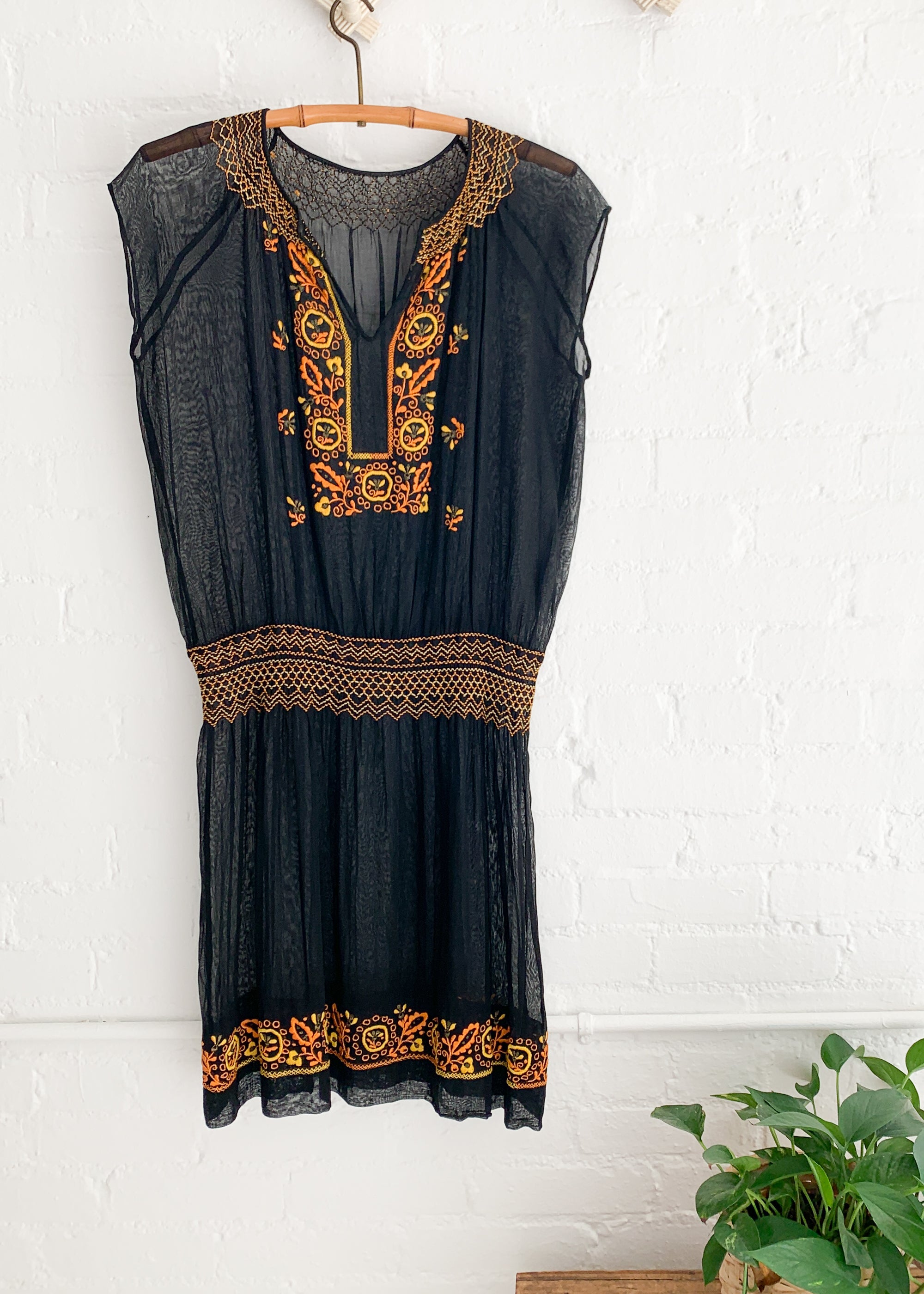 Vintage 1920s Embroidered Black Cotton Dress