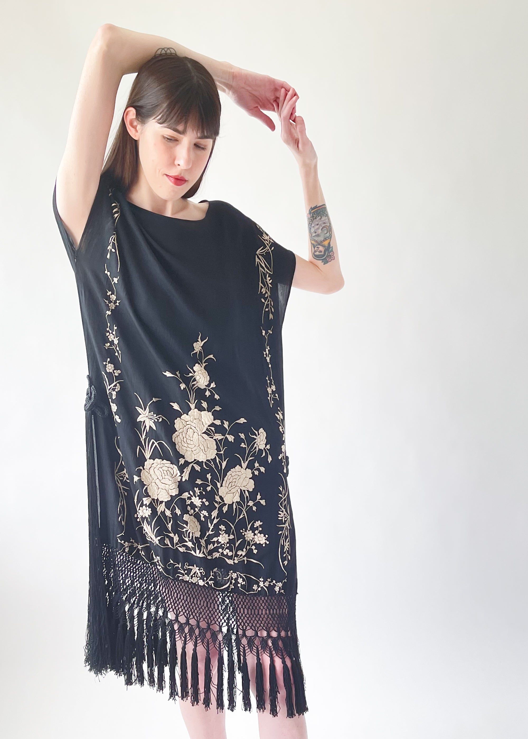 Vintage 1920s Embroidered Silk Fringed Dress