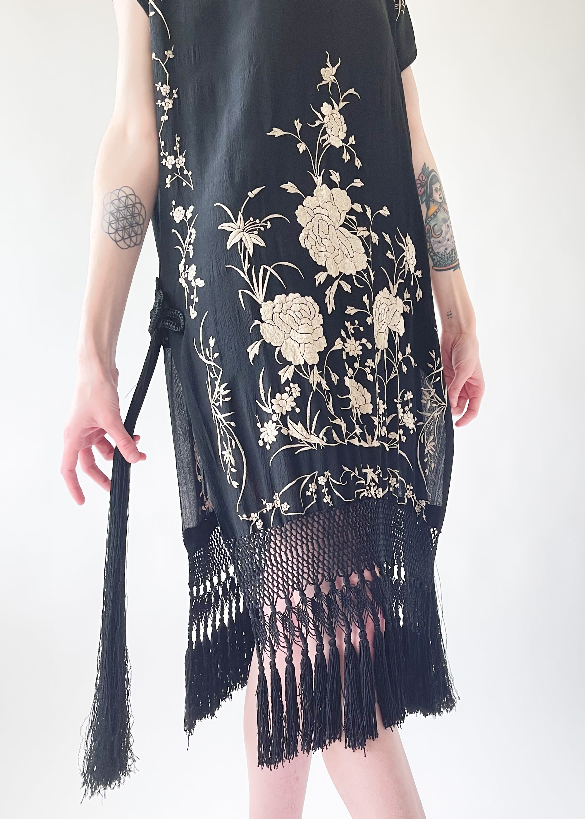 Vintage 1920s Embroidered Silk Fringed Dress