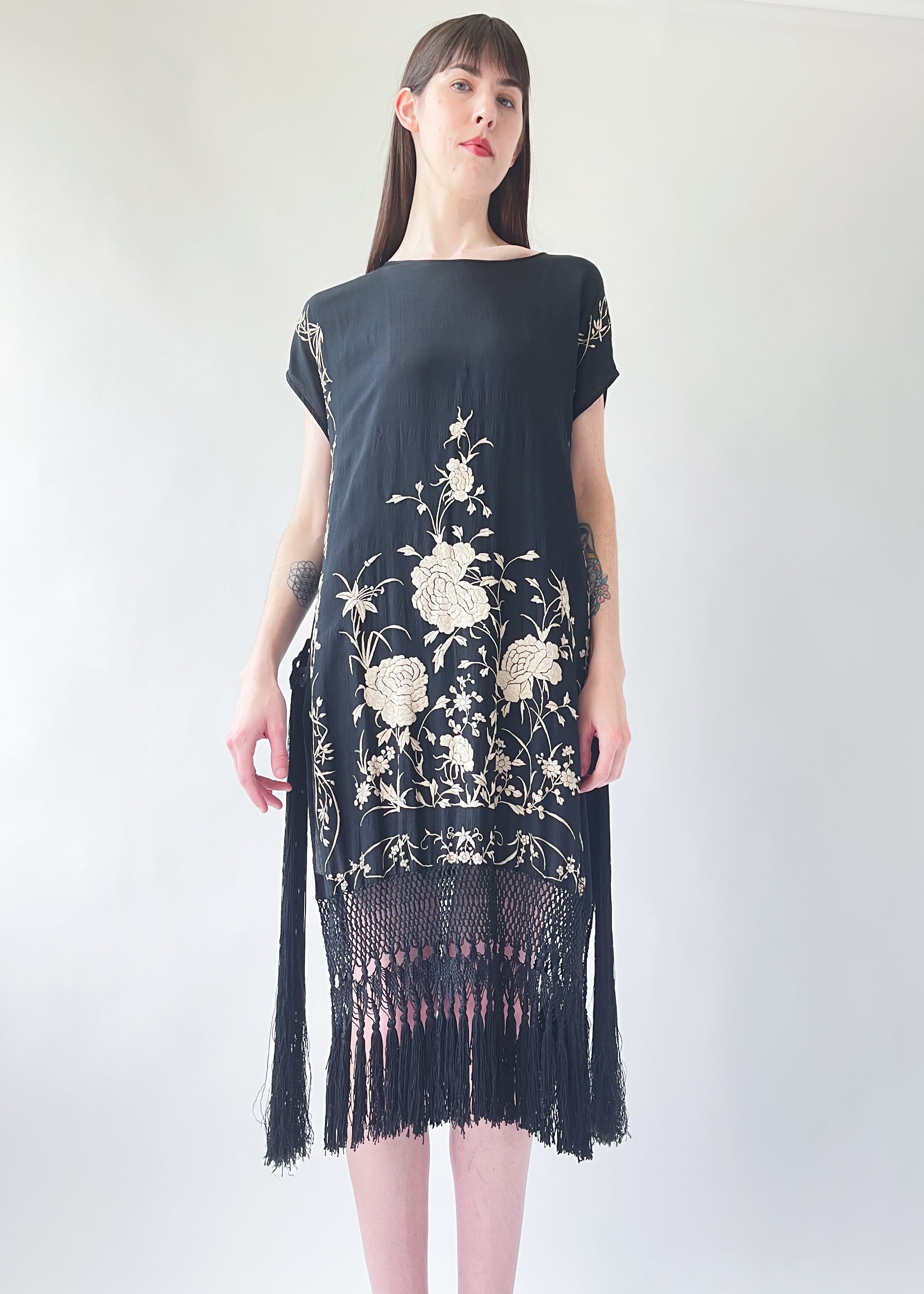 Vintage 1920s Embroidered Silk Fringed Dress