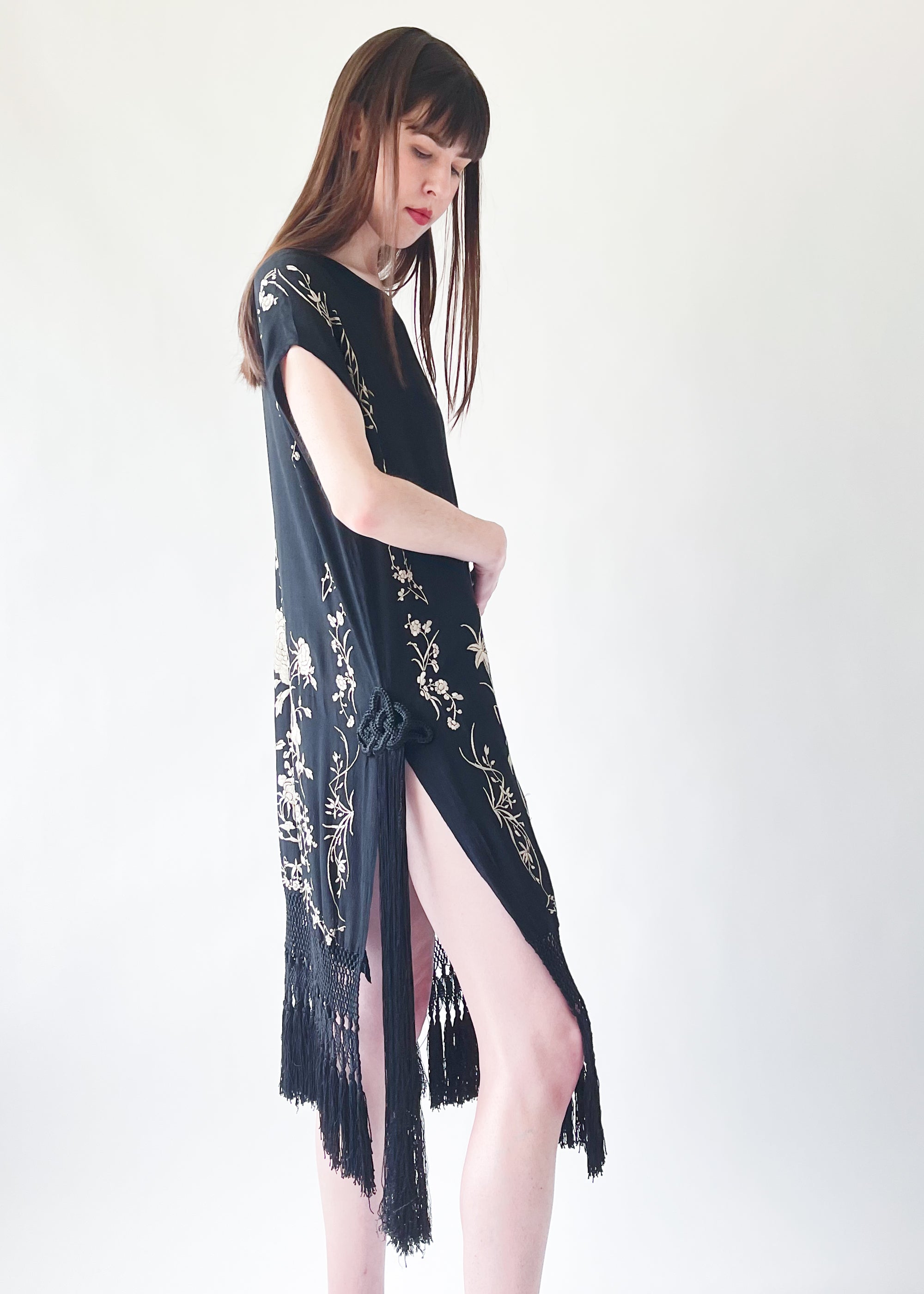Vintage 1920s Embroidered Silk Fringed Dress