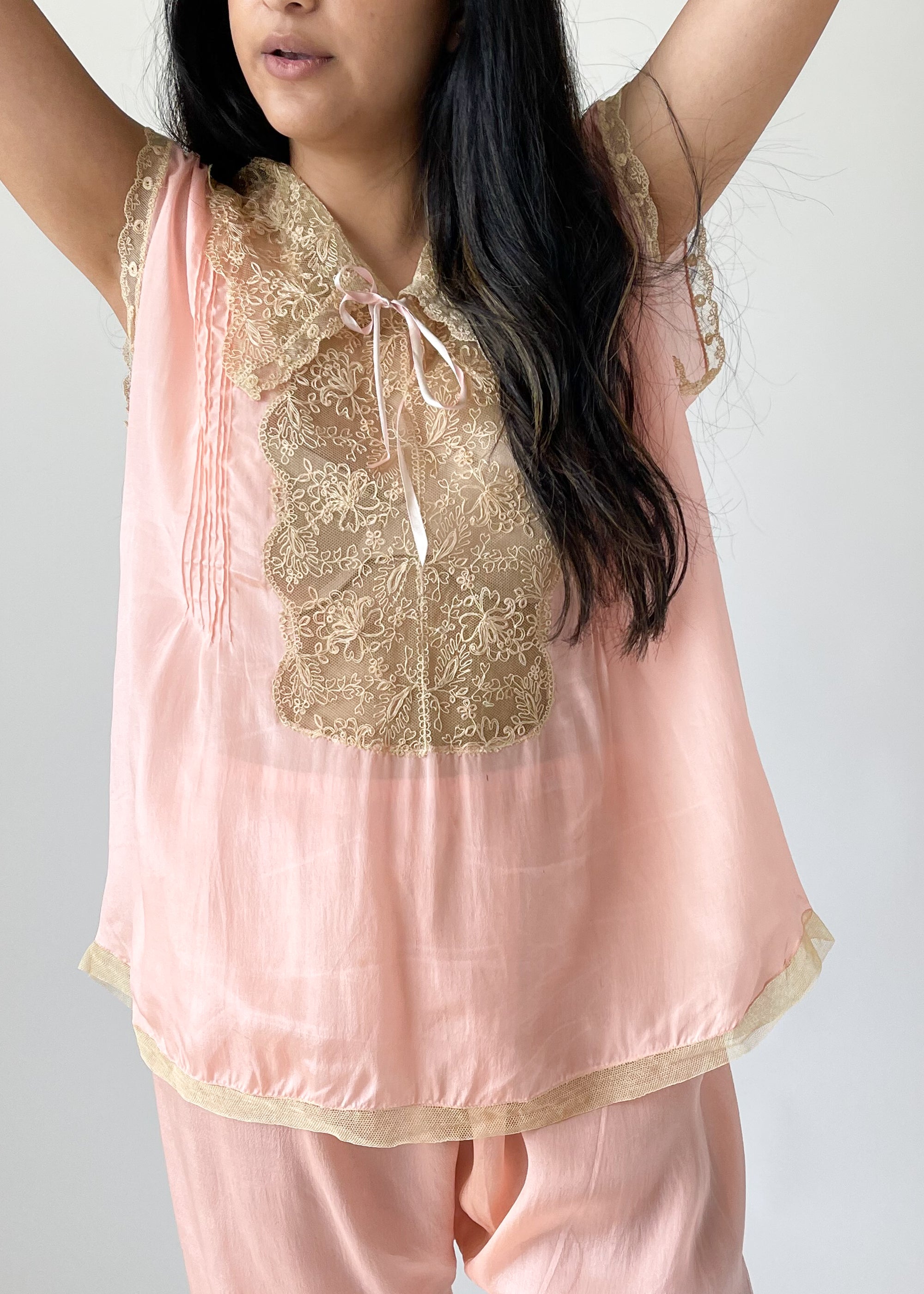 Vintage 1920s Silk and Lace Pajama Set