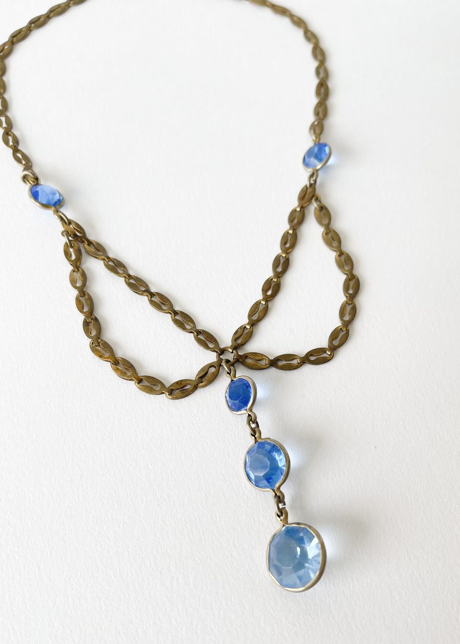 Vintage 1930s Blue Crystal and Brass Necklace