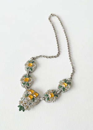 Vintage 1930s Gold and Green Rhinestone Glamour Necklace