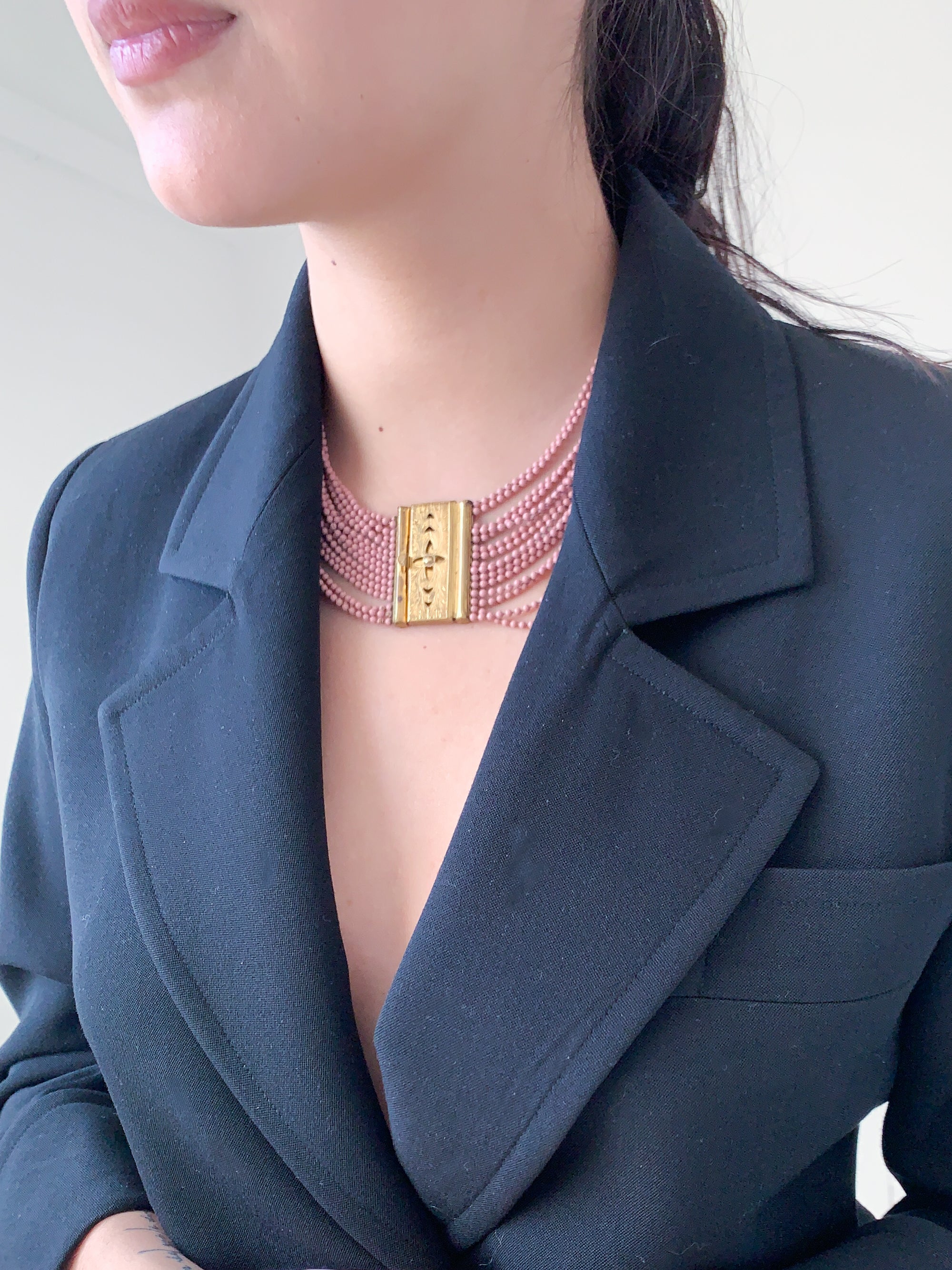 Vintage 1940s Pink Brass Bead Necklace
