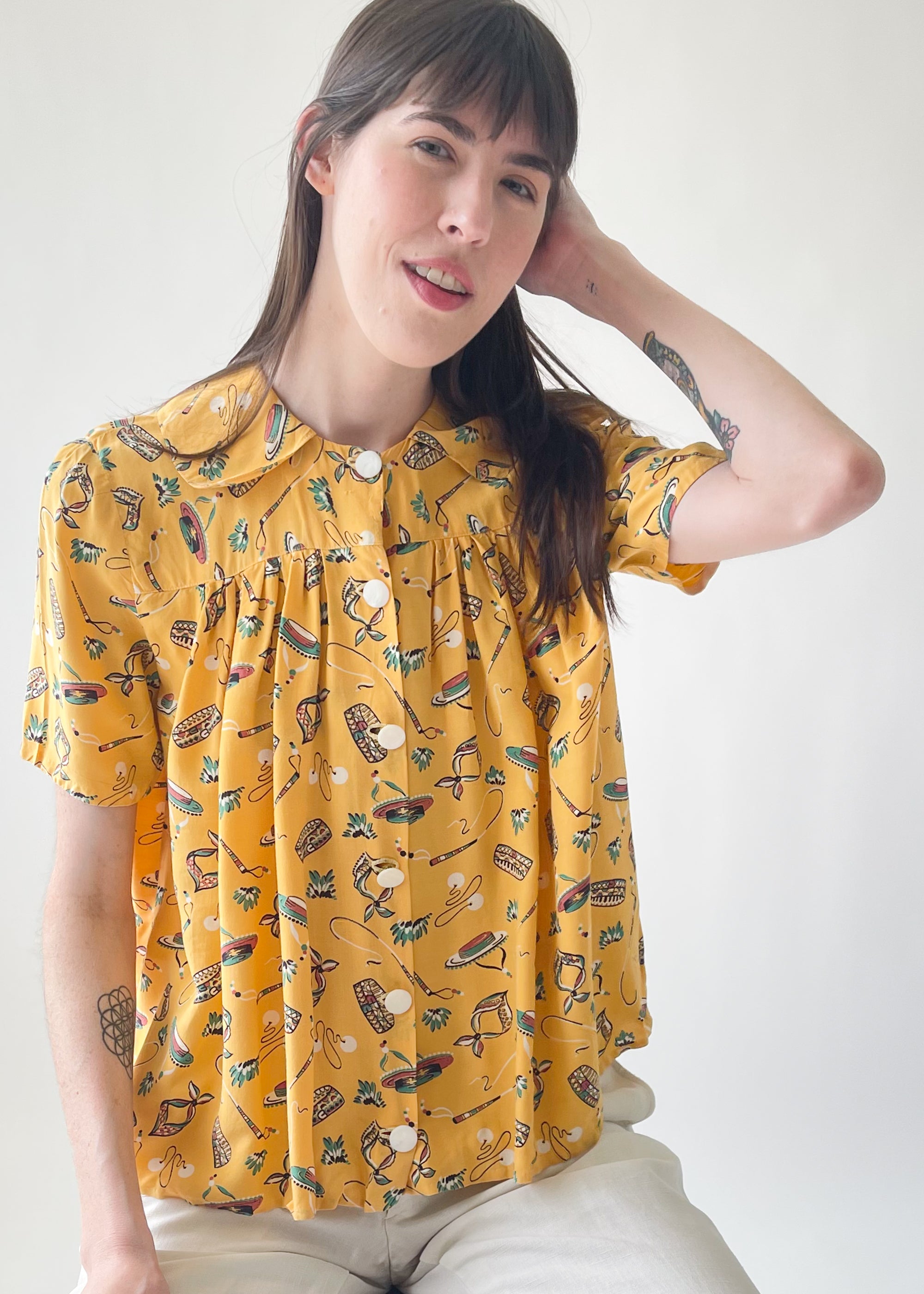 Vintage Late 1940s Rayon Novelty Print Shirt