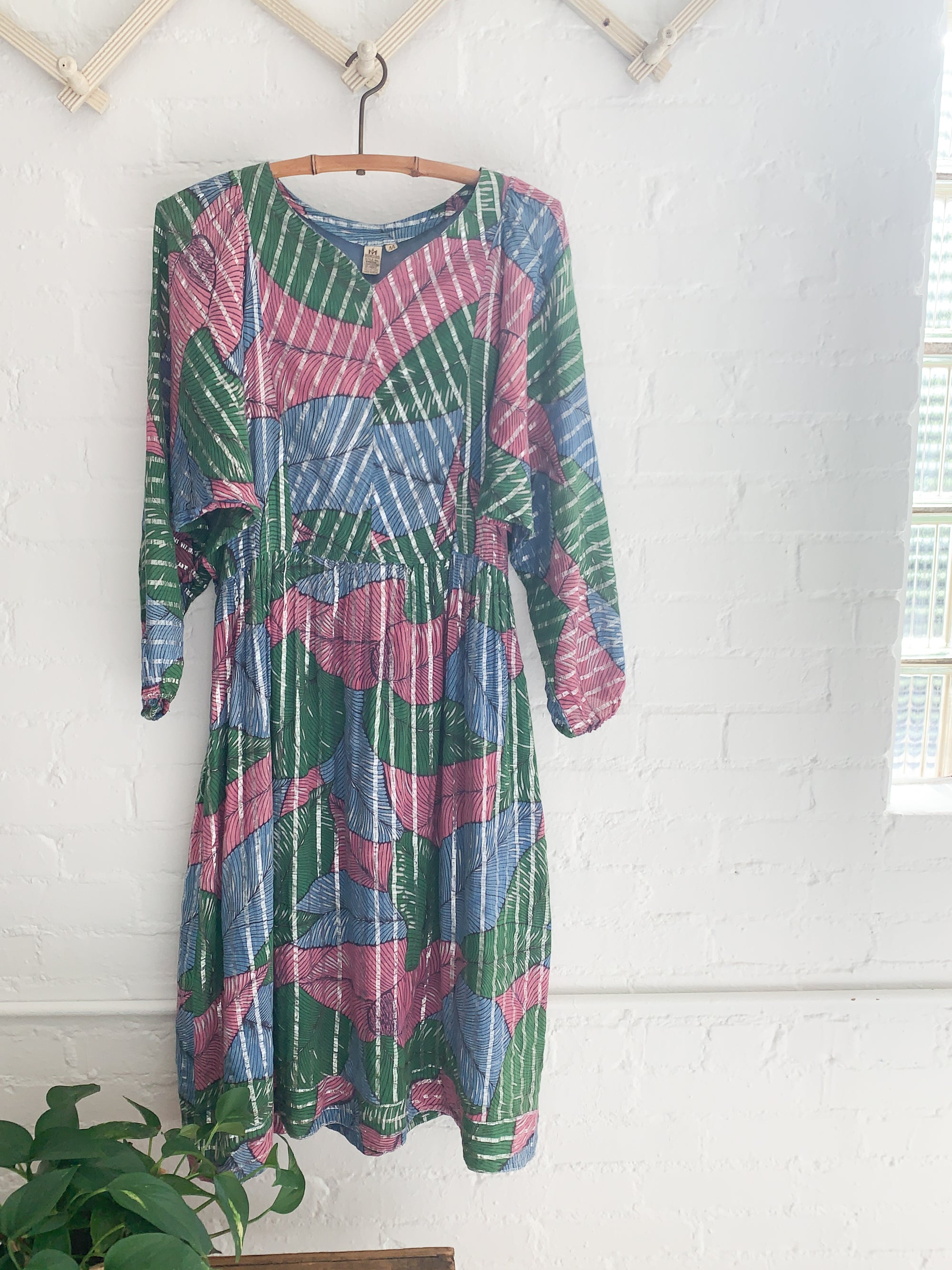 Vintage 1970s Tropical Leaf Indian Cotton Dress