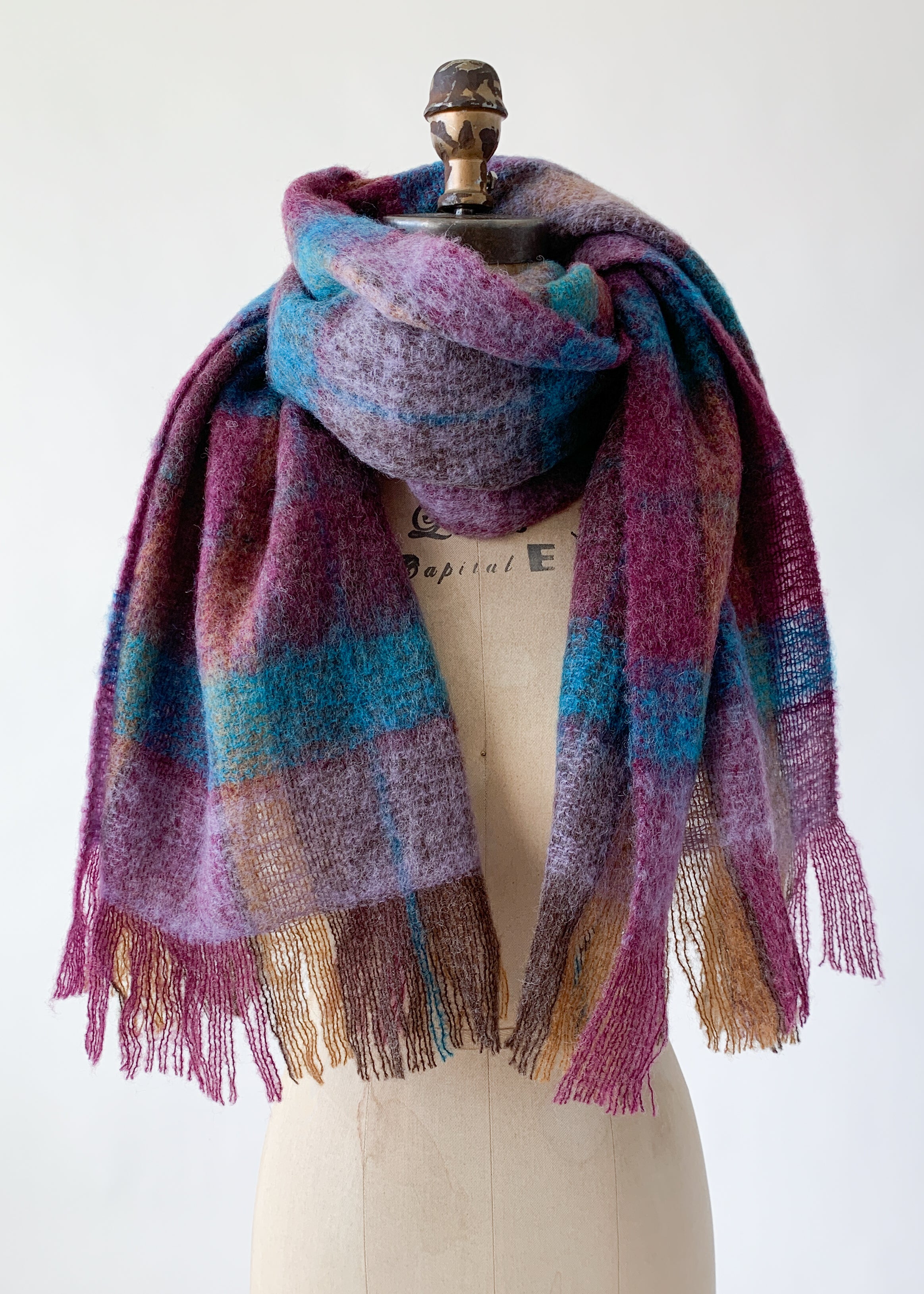 Vintage 1960s Jewel Toned Wool Plaid Scarf
