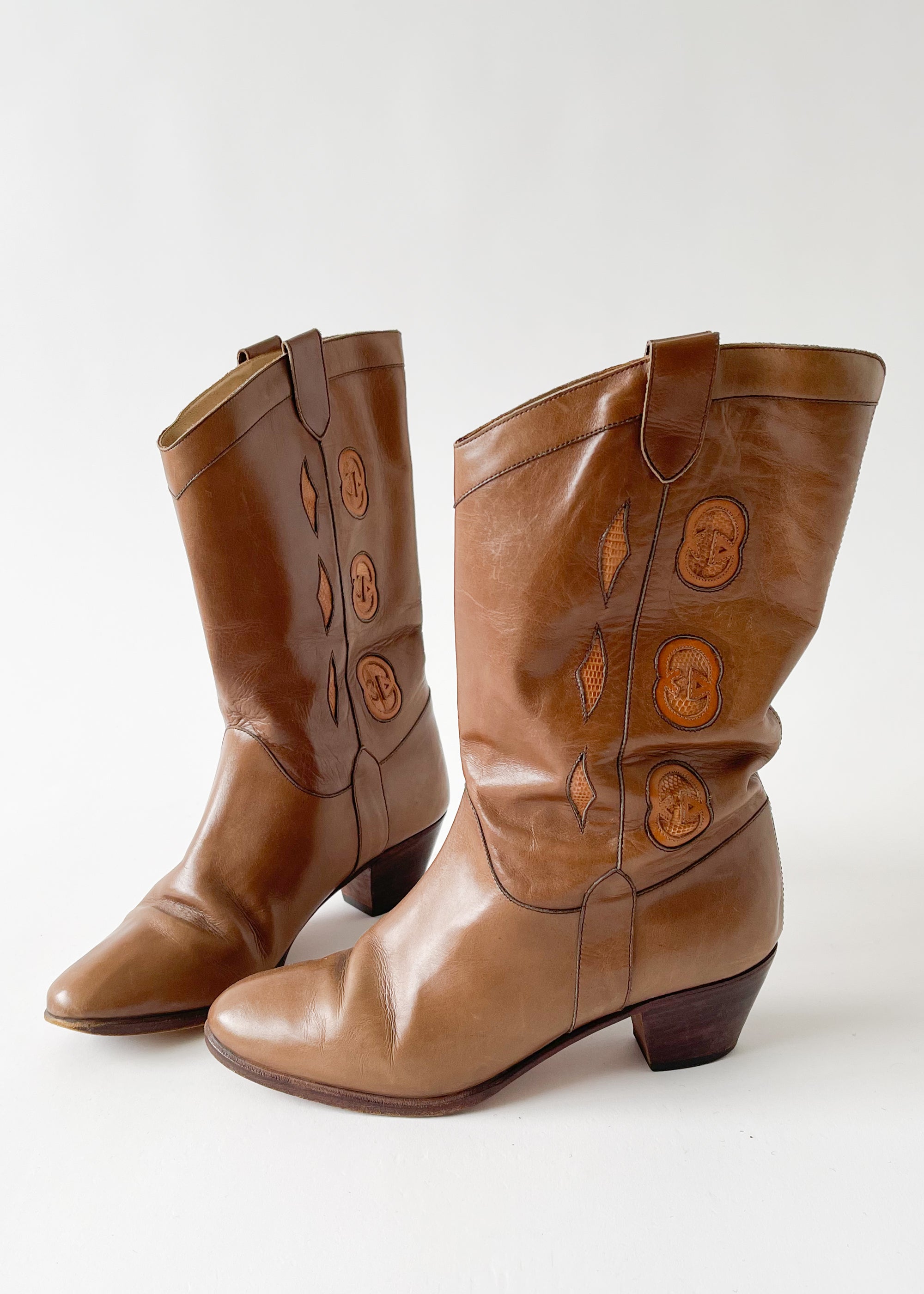 Vintage 1970s Gucci Logo Leather Cowboy Boots