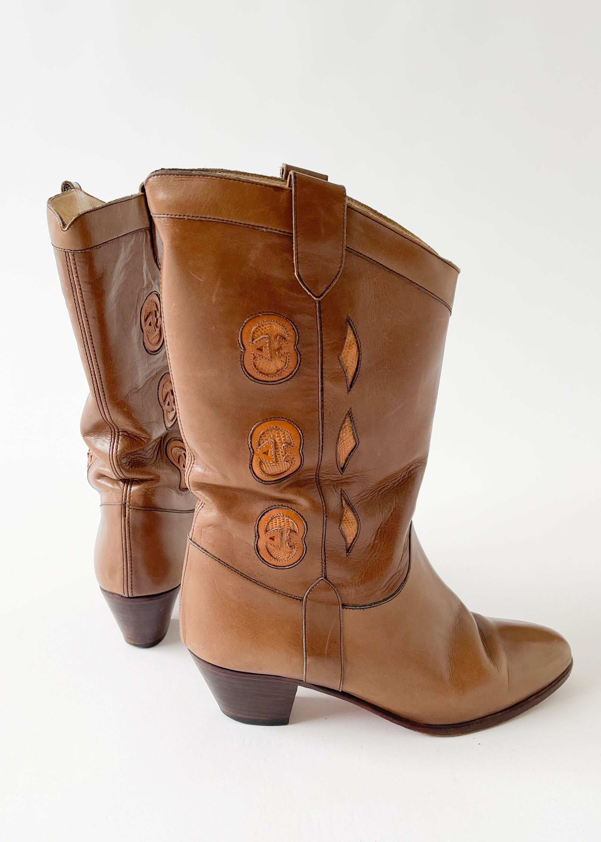 Vintage 1970s Gucci Logo Leather Cowboy Boots