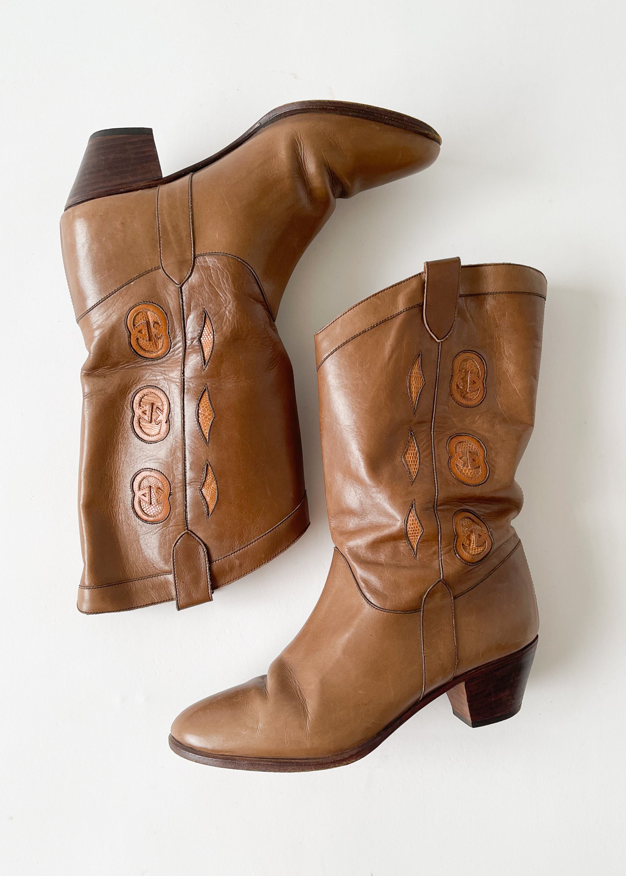 Vintage 1970s Gucci Logo Leather Cowboy Boots