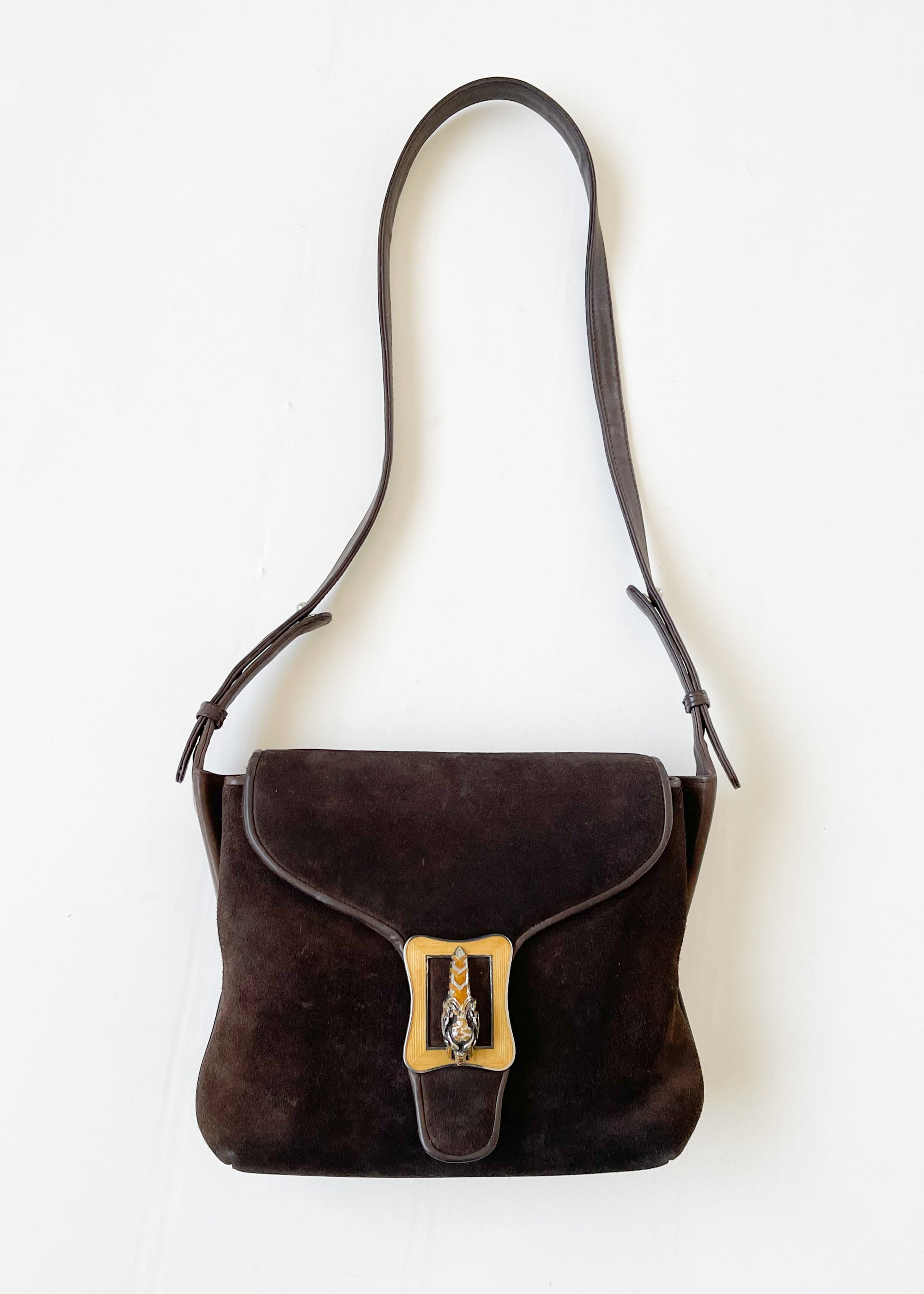 Vintage 1970s Brown Suede Purse with Enameled Tiger
