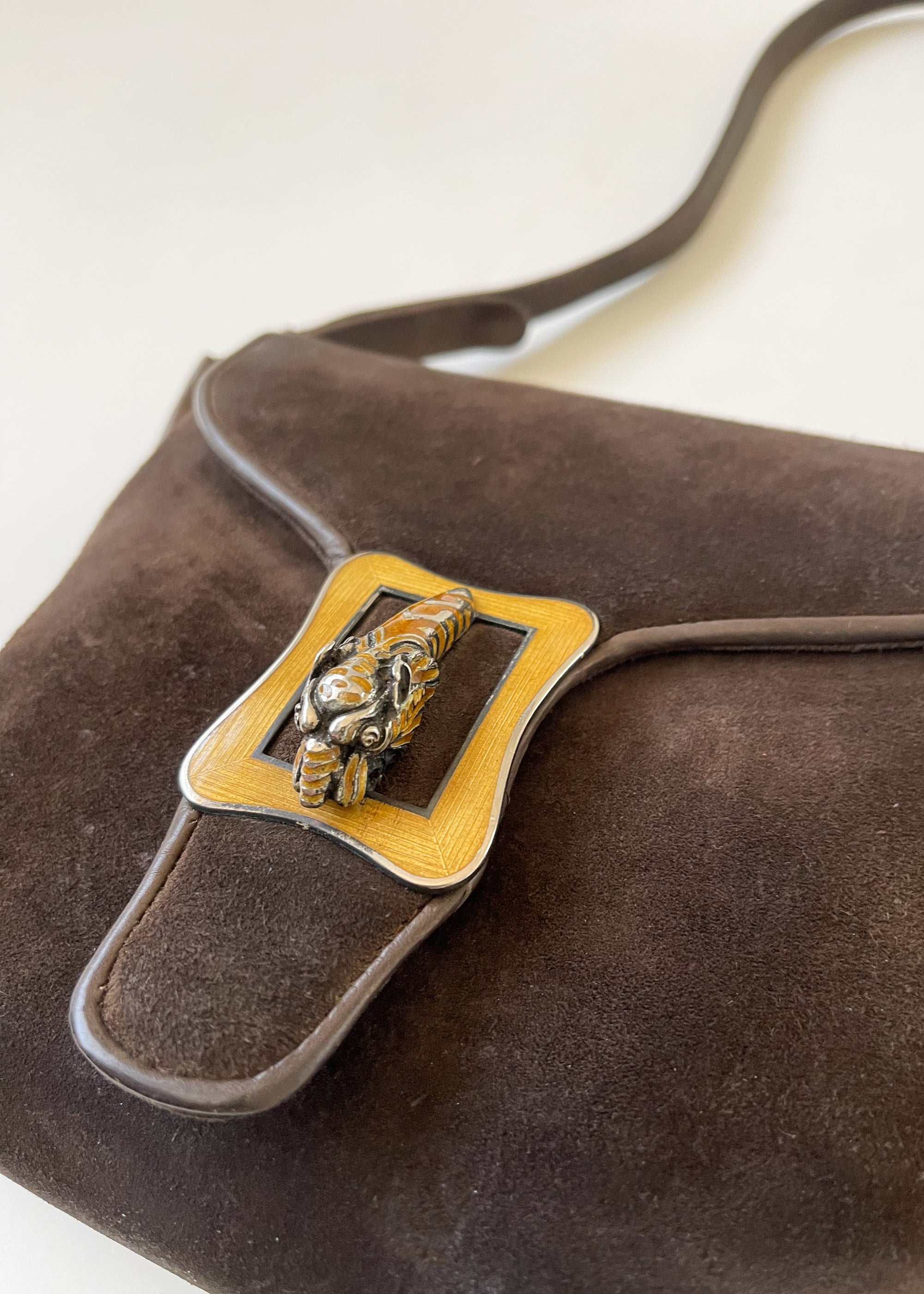 Vintage 1970s Brown Suede Purse with Enameled Tiger