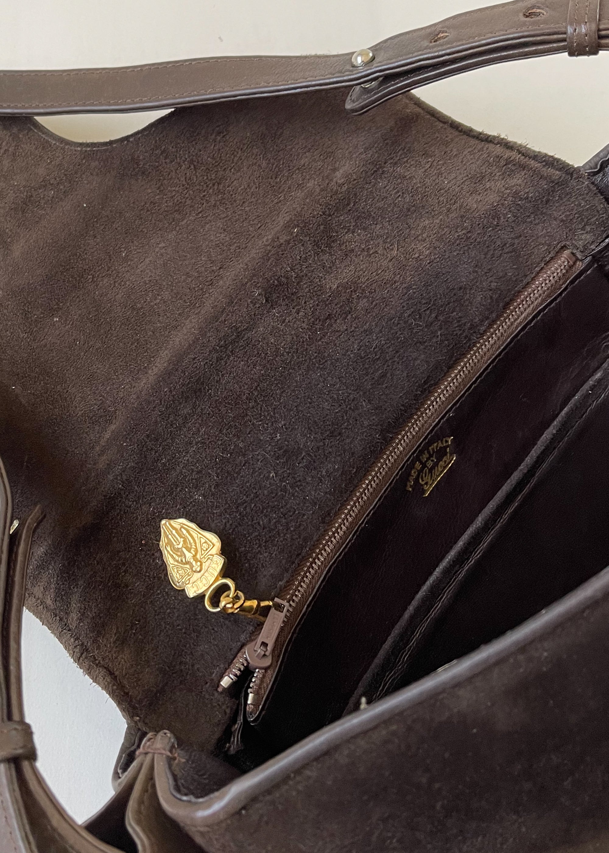 Vintage 1970s Brown Suede Purse with Enameled Tiger