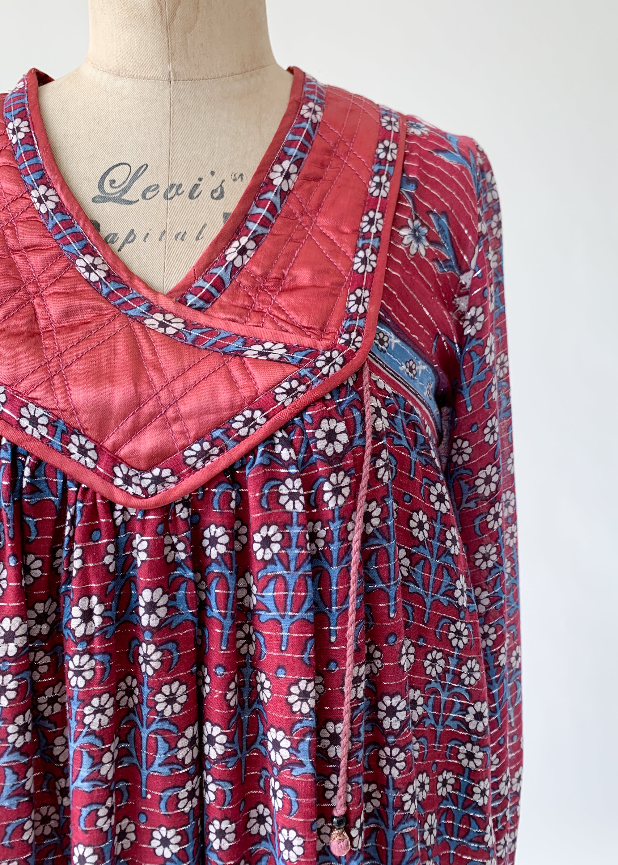 Vintage 1970s Indian Cotton Dress with Lurex Stripes