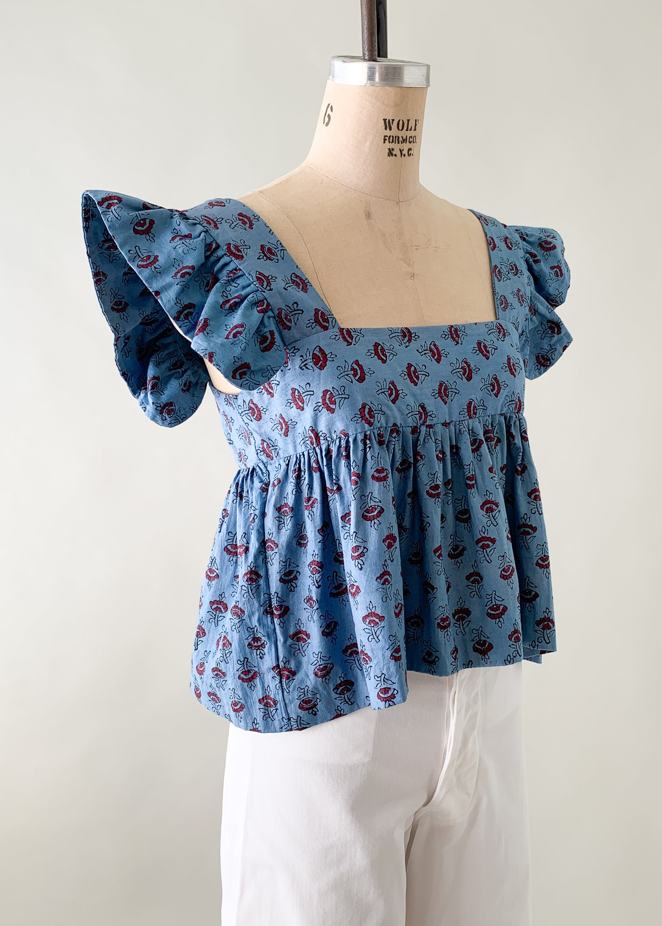 Vintage 1970s Indian Cotton Blue Ruffle Top