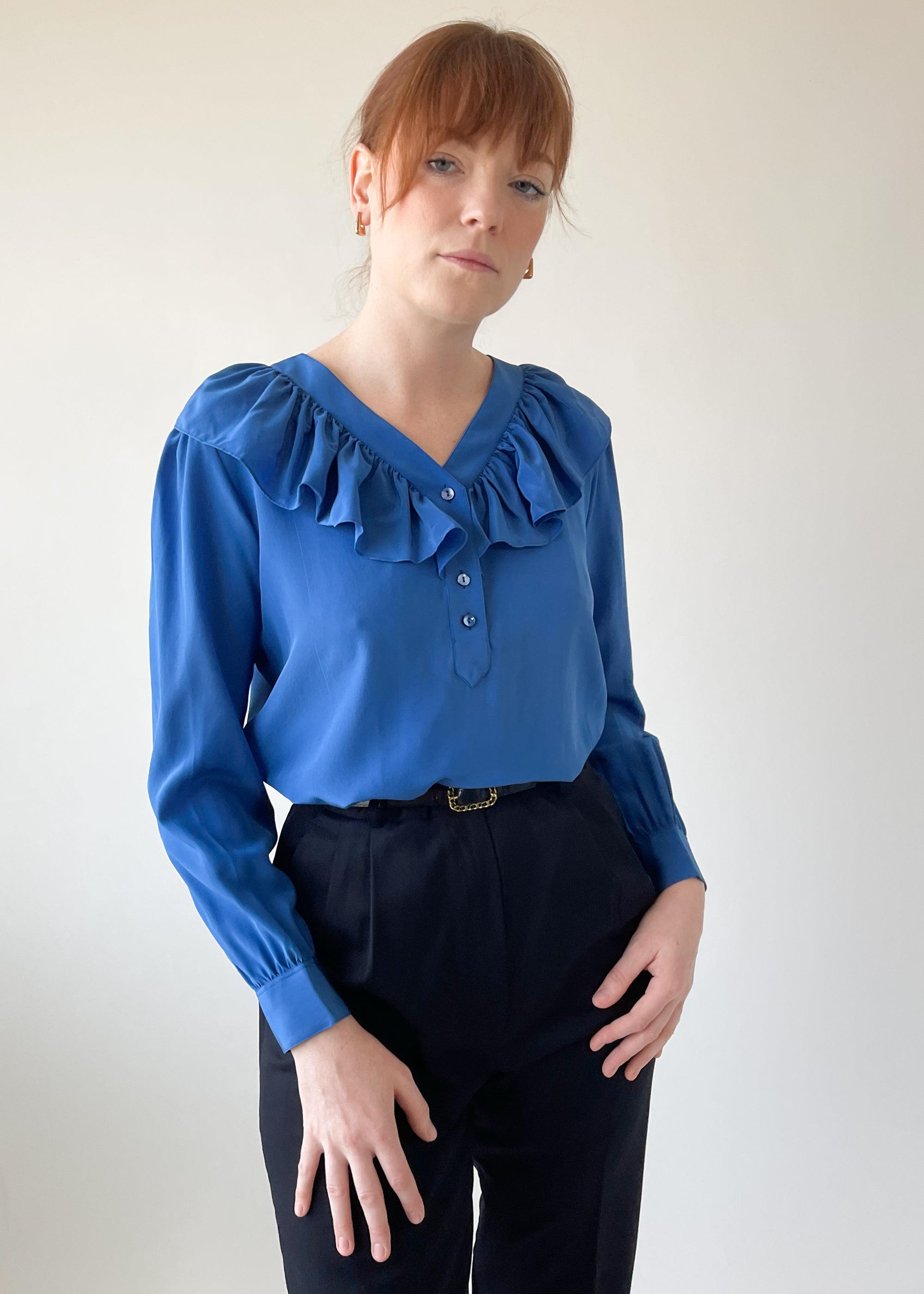 Vintage 1970s YSL Blue Ruffle Neck Blouse