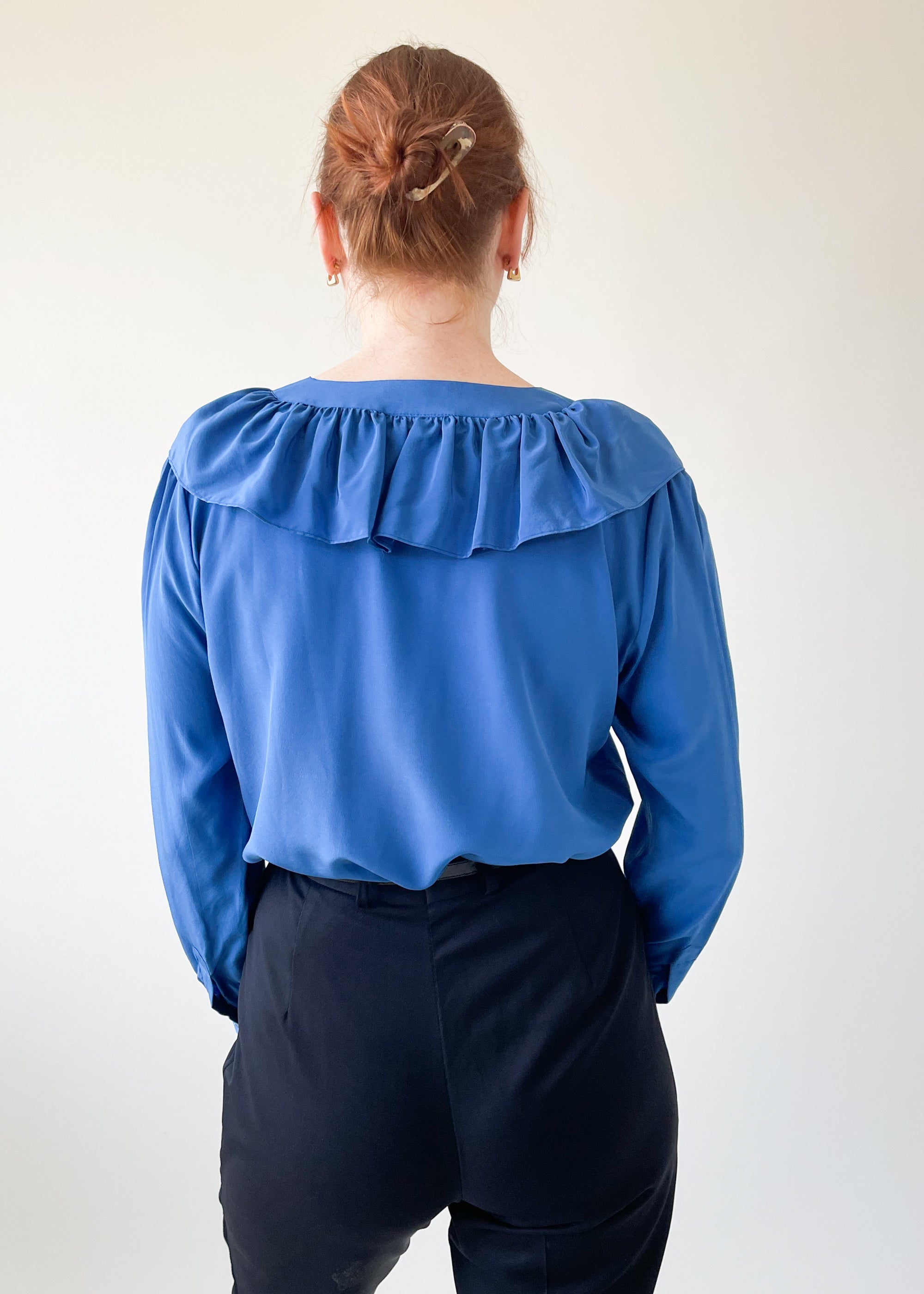 Vintage 1970s YSL Blue Ruffle Neck Blouse